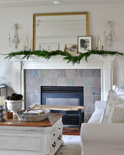 Classic White Mantel with Simple Green Garland and Tall Candles — Winter Mantel Decor