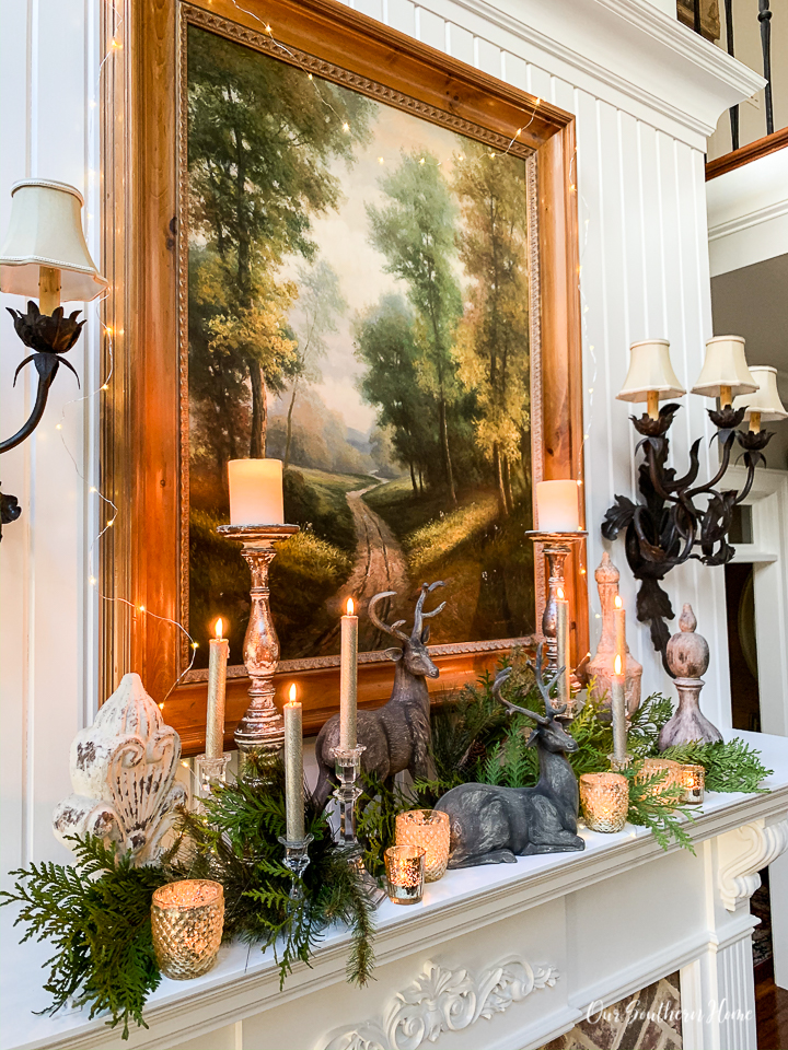 Traditional Mantel with Landscape Painting and Metallic Deer — Winter Mantel Decor