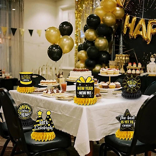 Festive Dining Table with Honeycomb Centerpieces and Balloons — New Years Eve Party Decor