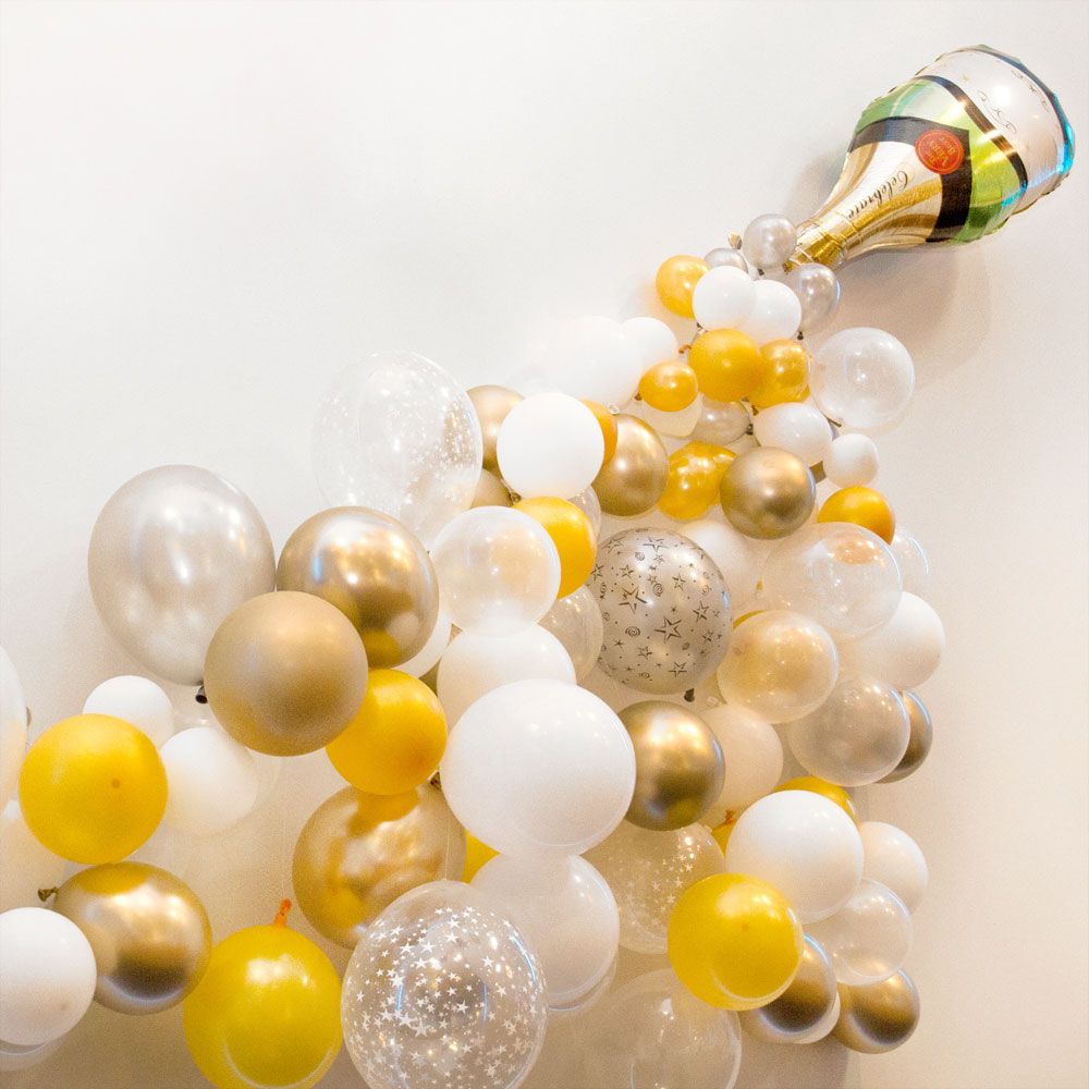 Cascading Balloon Garland Featuring a Champagne Bottle Balloon — New Years Eve Balloon Garland