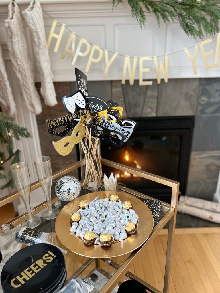 Styled Bar Cart with 'Happy New Year' Banner and Festive Props — New Years Eve Party 2027