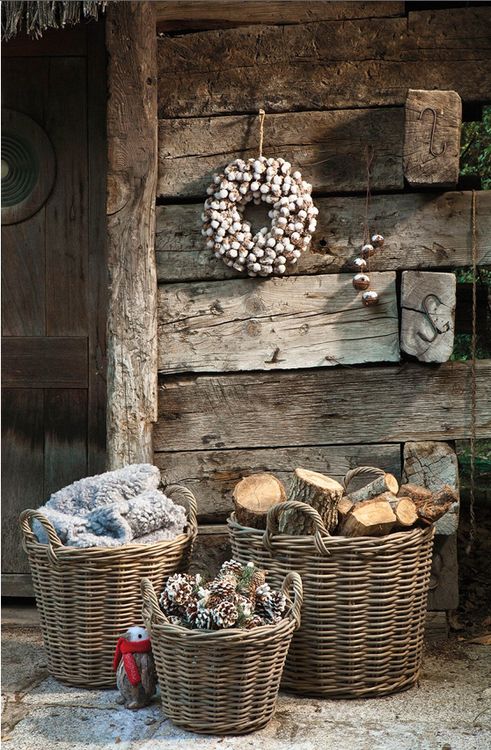 Rustic Porch with Wicker Baskets and Cozy Blankets Rustic Porch with Wicker Baskets and Cozy Blankets — Winter Porch Decor