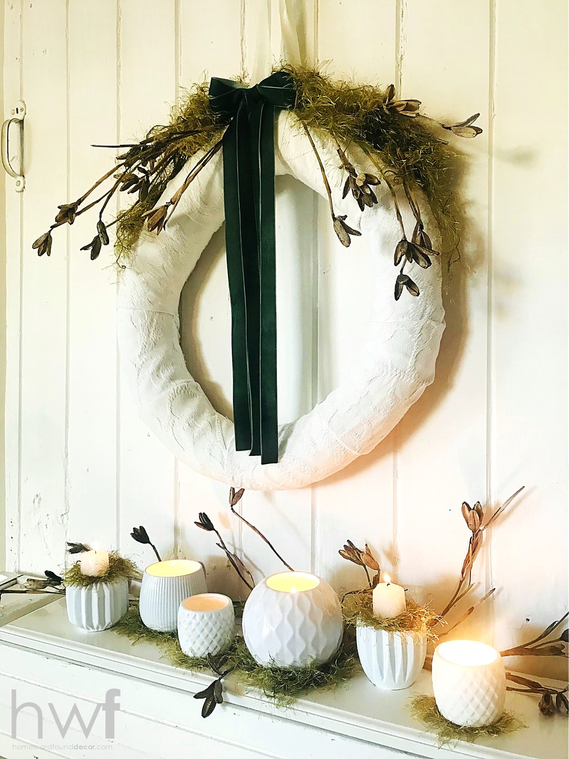 Farmhouse Mantelpiece with Textured White Wreath and Candles — Winter Home Decor
