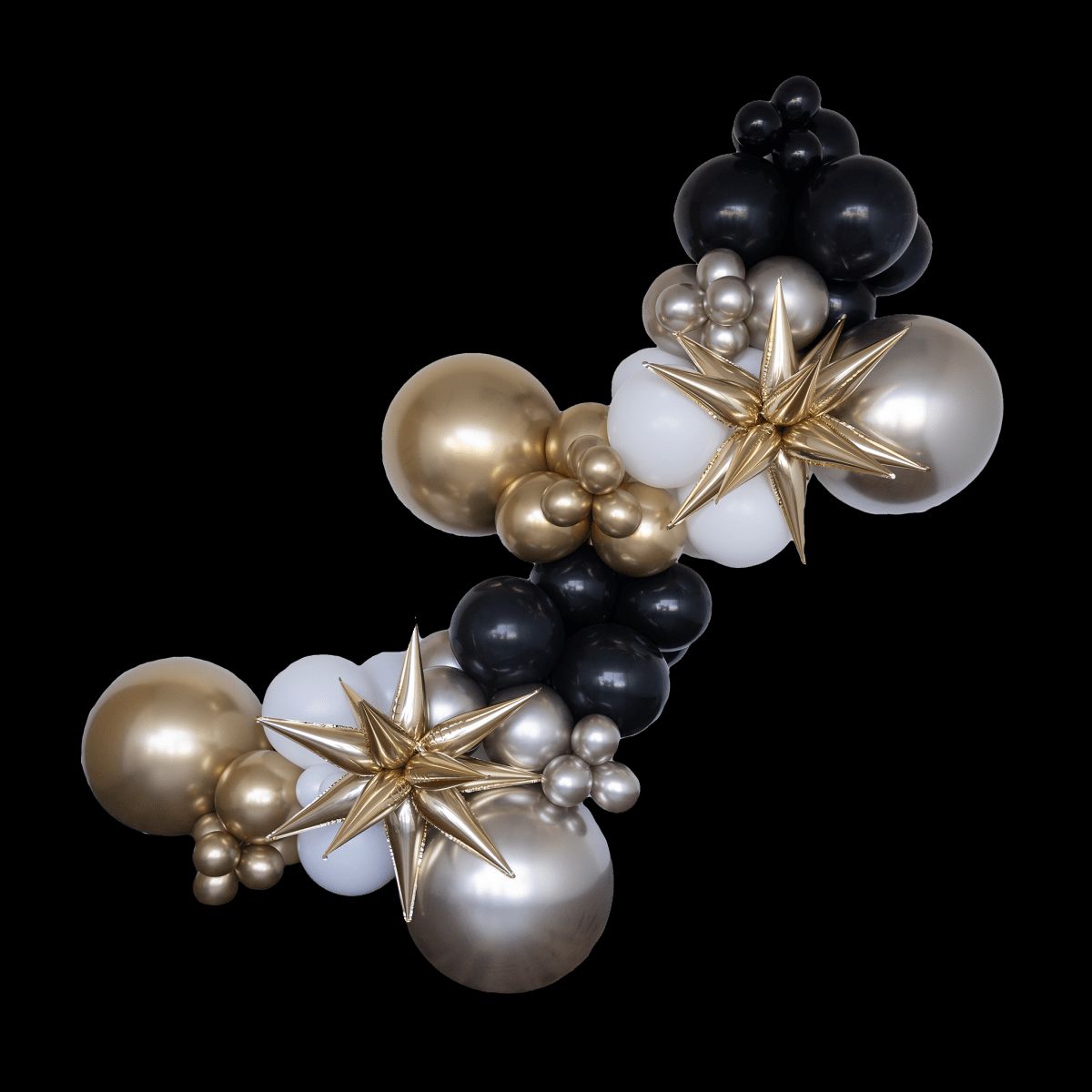 Organic Gold, Black, White, and Silver Balloon Garland with Starbursts — New Years Eve Balloon Garland