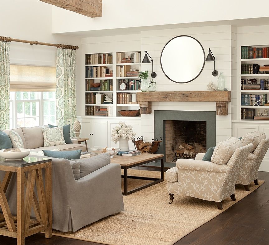 Farmhouse Hygge with Fireplace, Mantel, and Bookshelves — Hygge Home Decor