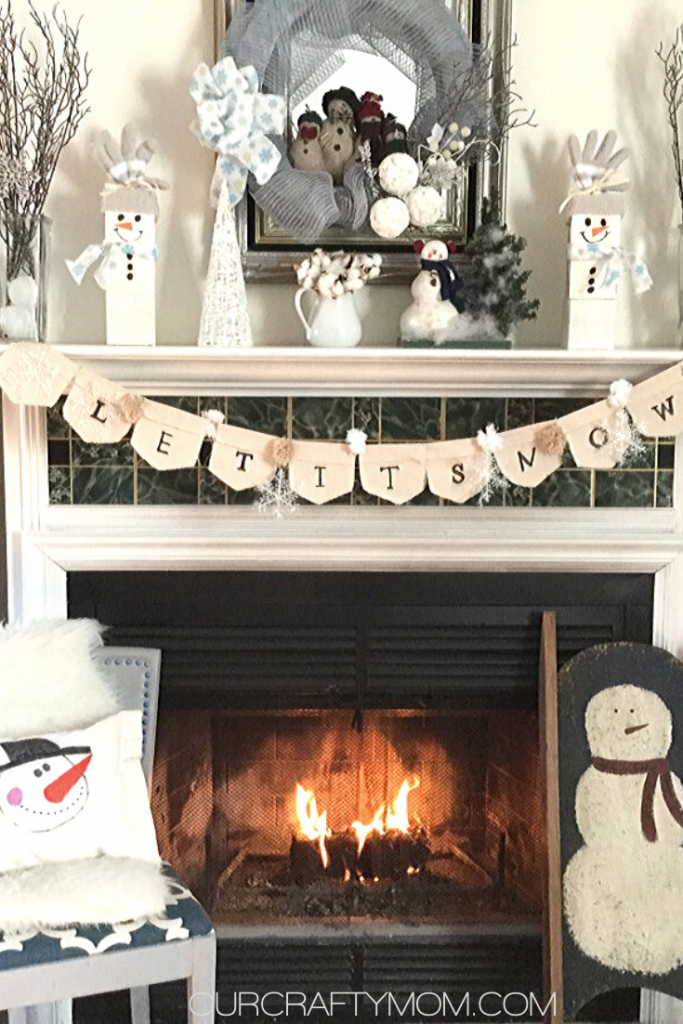 Playful Snowman-Themed Mantel with 'Let's Snow' Banner — Winter Mantel Decor