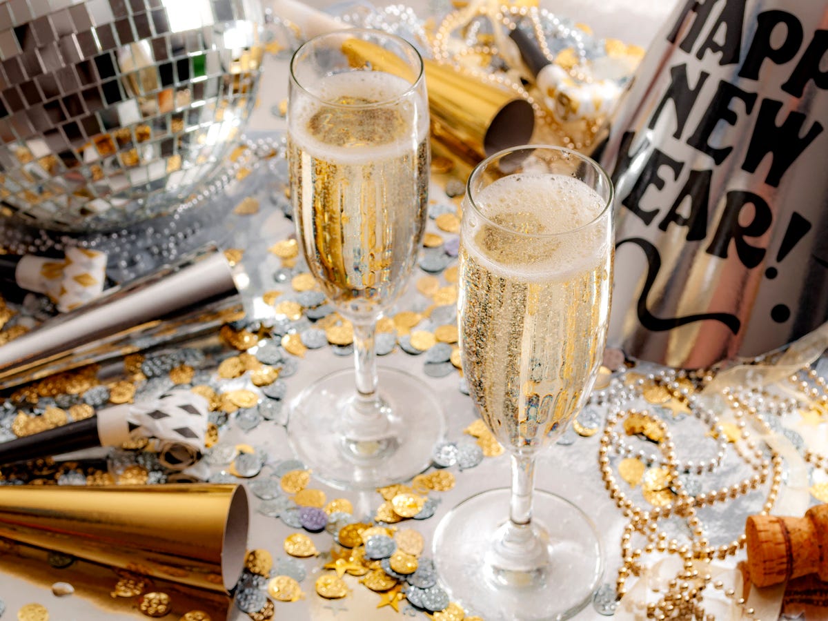 Festive Vignette with Champagne Glasses and Disco Ball — New Years Eve Party Decor