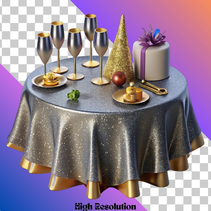 Glamorous Gold Glitter Tablecloth with Champagne Glasses and a Tree — Gold New Years Eve Decor