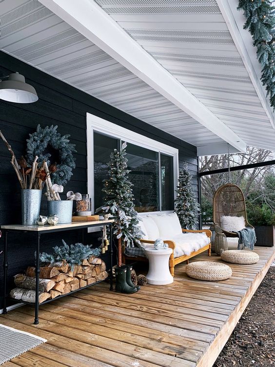 Modern Farmhouse Porch with Firewood and Mini Trees Modern Farmhouse Porch with Firewood and Mini Trees — Winter Porch Decor
