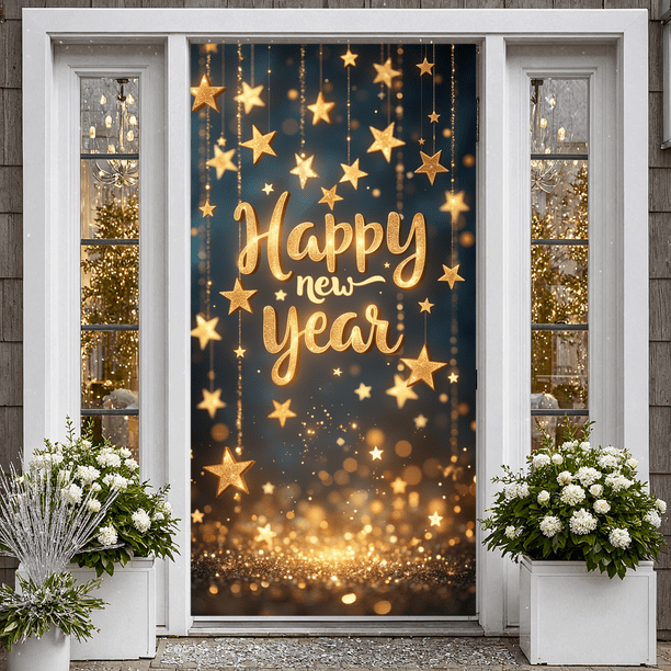 Festive 'Happy New Year' Banner with Gold Glitter Stars for an Outdoor Doorway — Gold New Years Eve Decor