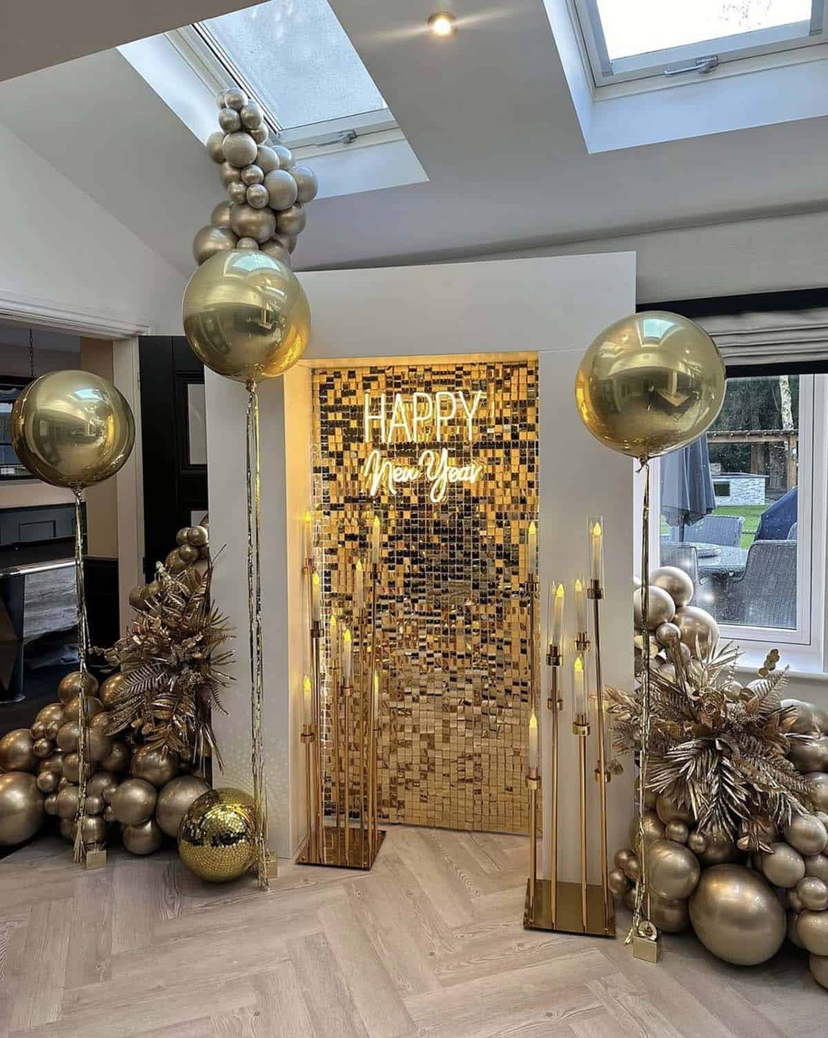 Luxurious Gold Sequin Wall with Large Gold Balloons — New Years Eve Party Decor