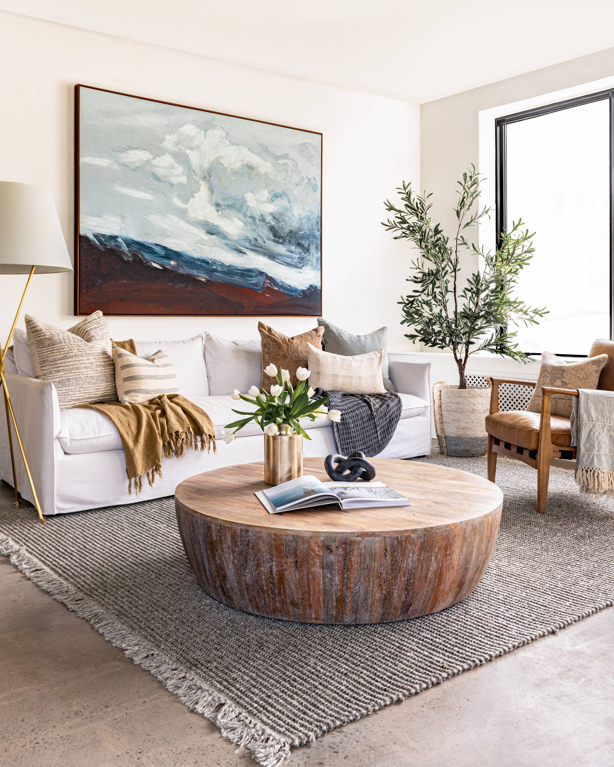Modern Hygge Living with Abstract Art and Leather Armchair — Hygge Home Decor