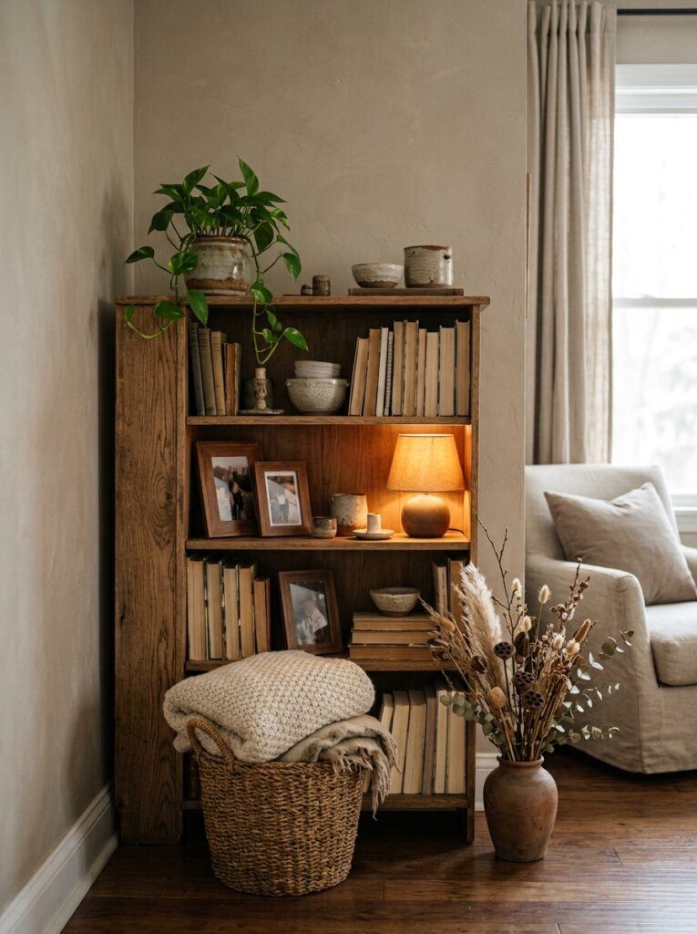 Rustic Hygge Corner with Bookshelf and Wicker Basket — Hygge Home Decor