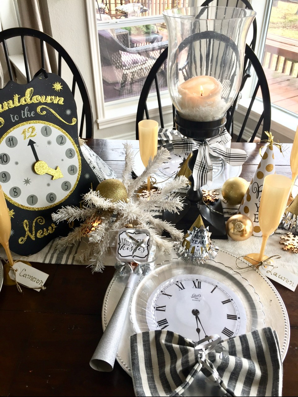 Festive Table Setting with Countdown Clock and Decorative Orbs — New Years Eve Party Decor