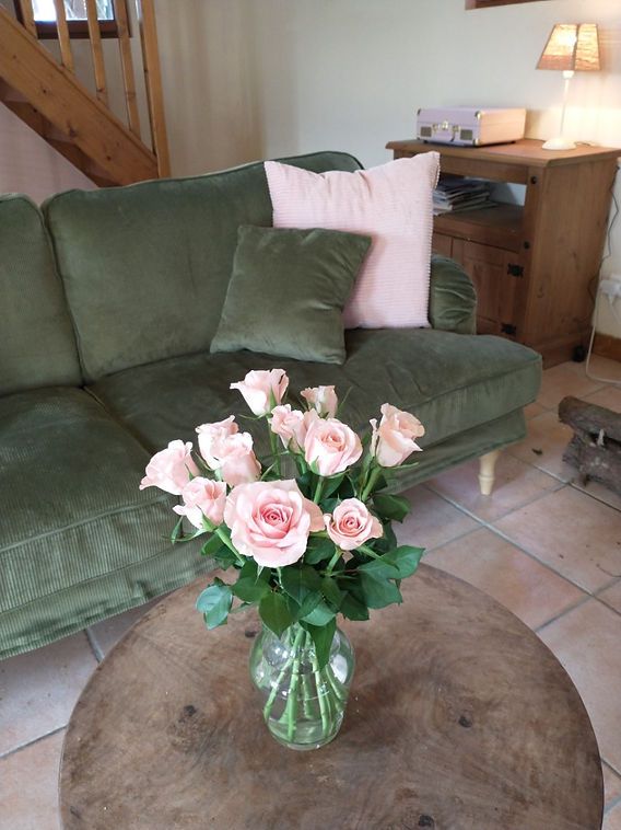 Hygge Living Room Vignette with Corduroy Sofa and Roses — Hygge Home Decor
