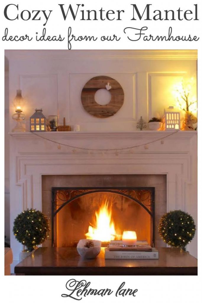 Farmhouse Mantel with Wooden Wreath, Lanterns, and Greenery — Winter Mantel Decor