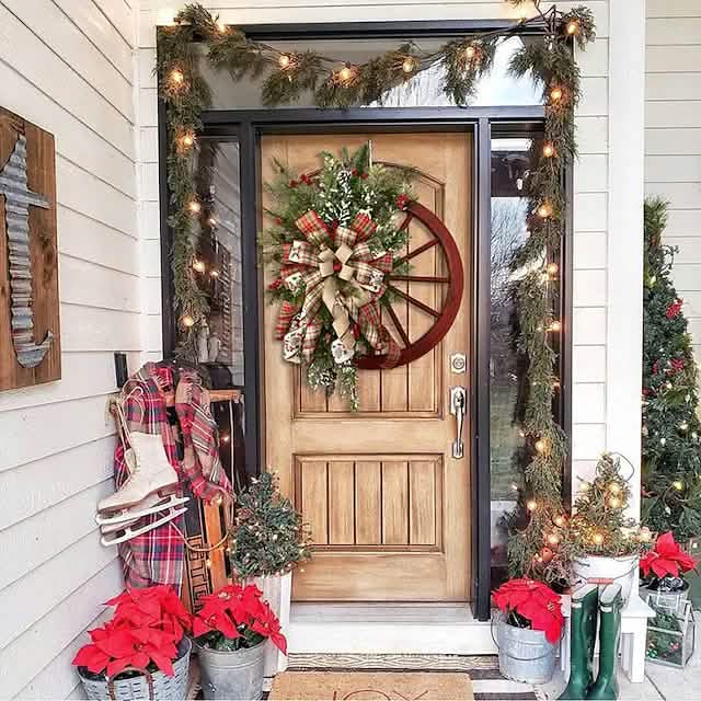 Rustic Porch with Wagon Wheel Wreath and Ice Skates — Winter Front Door Decor