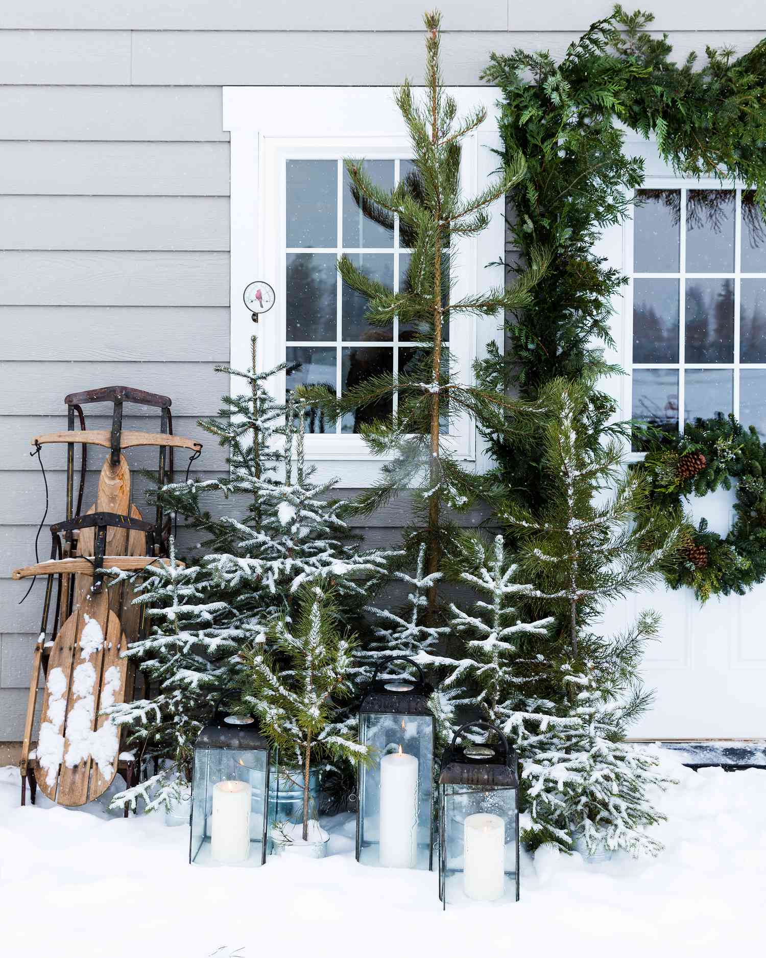 Snow-Dusted Winter Porch with Vintage Sled Snow-Dusted Winter Porch with Vintage Sled — Winter Porch Decor