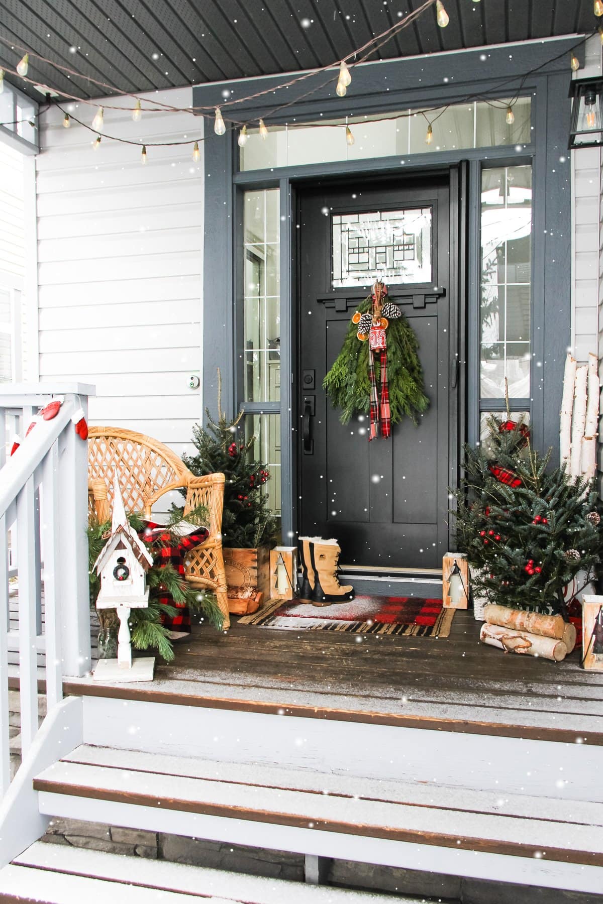 Farmhouse Porch with Festive Wreath and Plaid Accents Farmhouse Porch with Festive Wreath and Plaid Accents — Winter Porch Decor