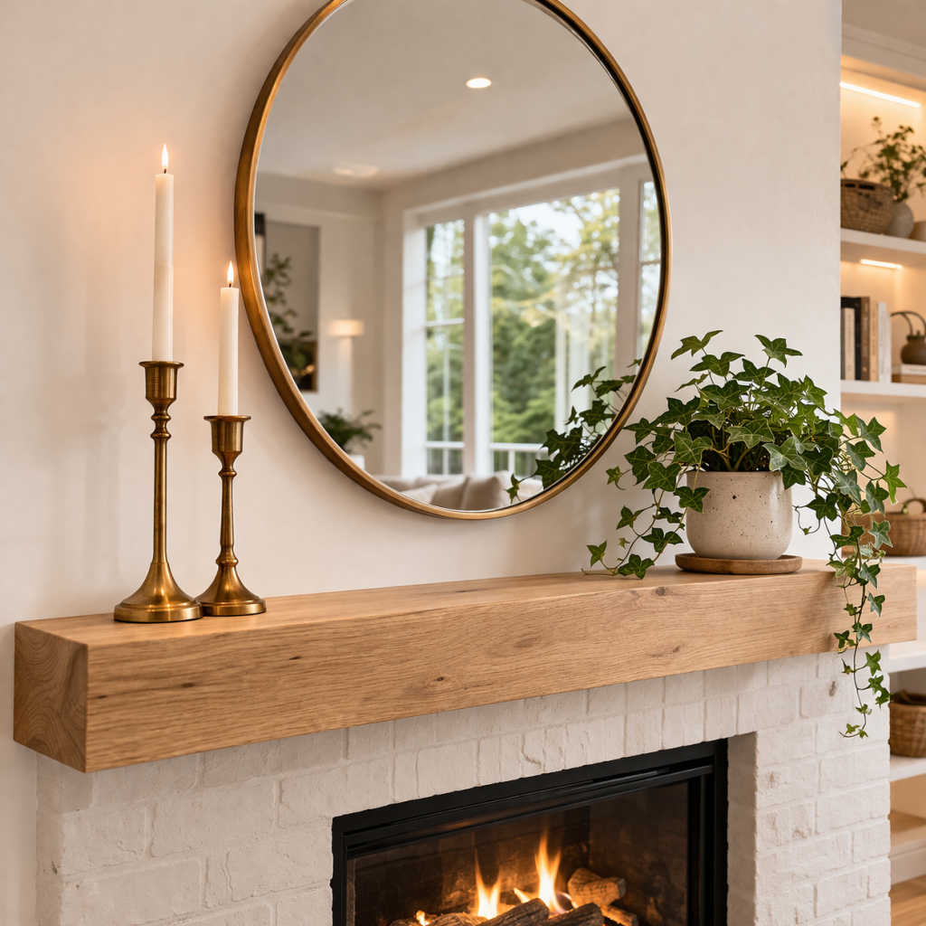 Modern Thick Wood Mantel with Brass Candlesticks — Winter Mantel Decor