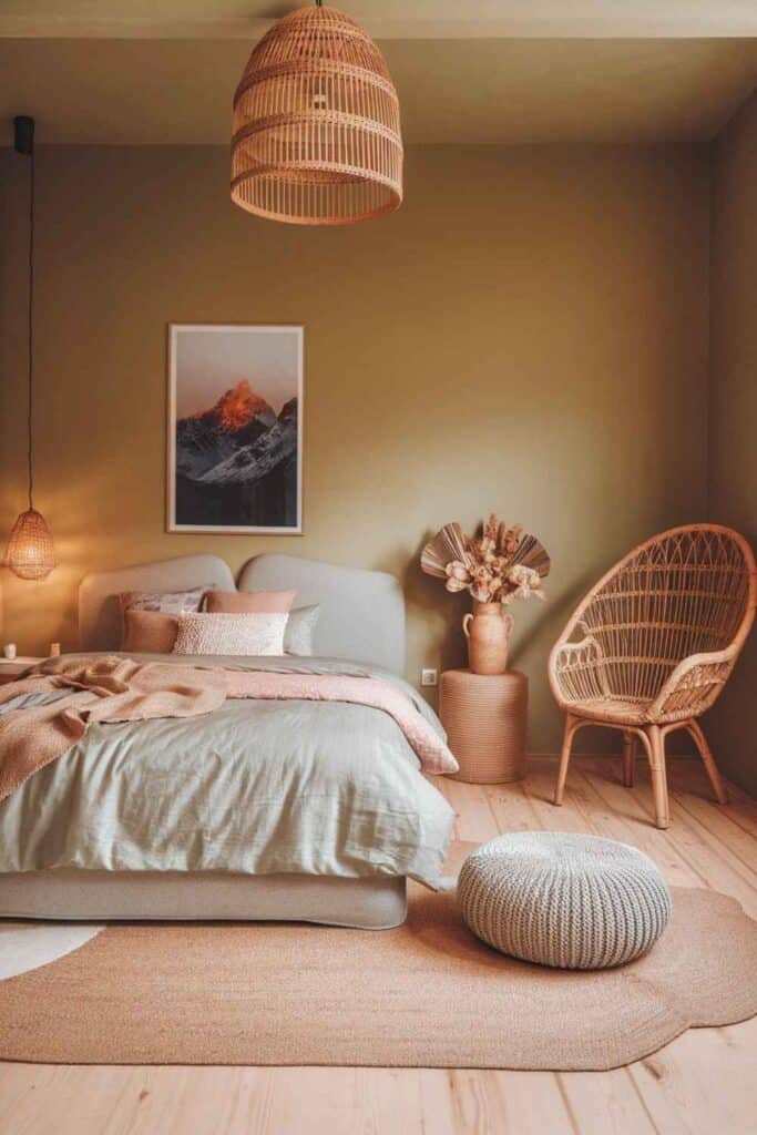 Boho Hygge Bedroom with Rattan Chair and Woven Elements — Hygge Home Decor