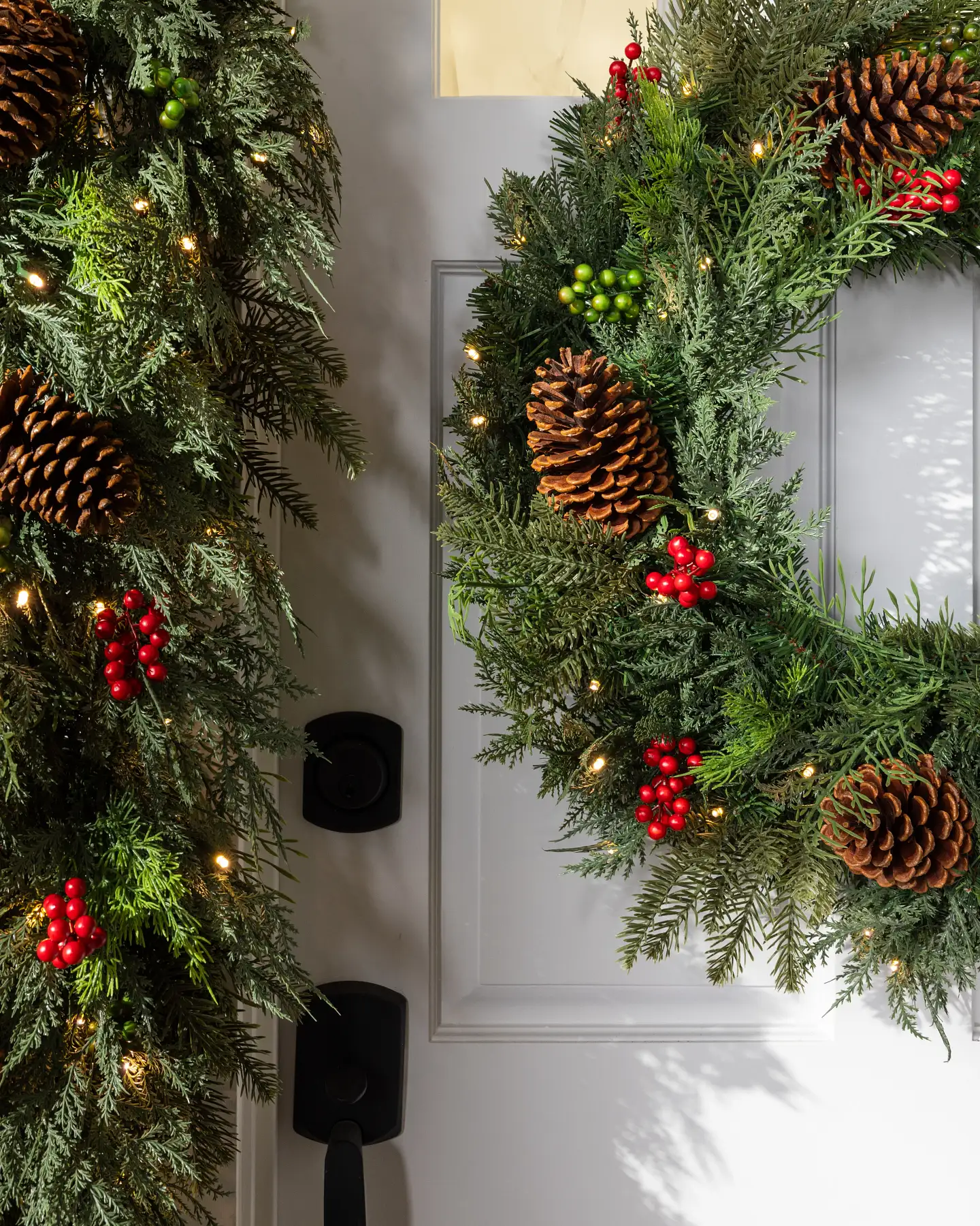 Classic Evergreen Wreath and Garland with Lights — Winter Front Door Decor