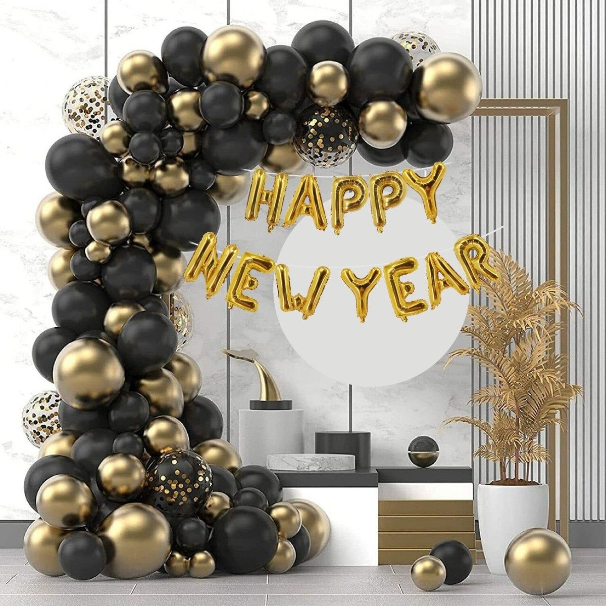 Black and Gold Balloon Garland Arch Over Fireplace with Foil Numbers — New Years Eve Balloon Garland