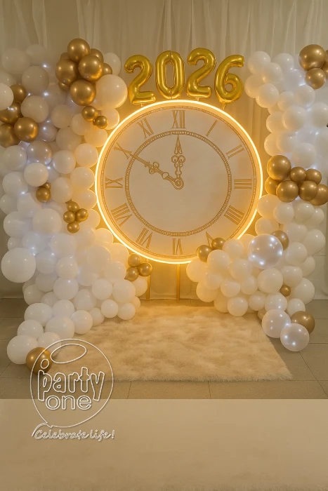 Illuminated Clock Face and '2026' Balloons for a Festive Backdrop — Gold New Years Eve Decor