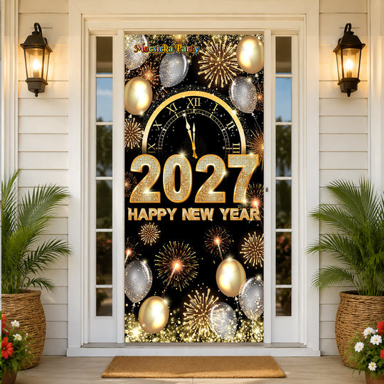 Festive Front Door Banner with '2027', Clock, and Fireworks — New Years Eve Party 2027