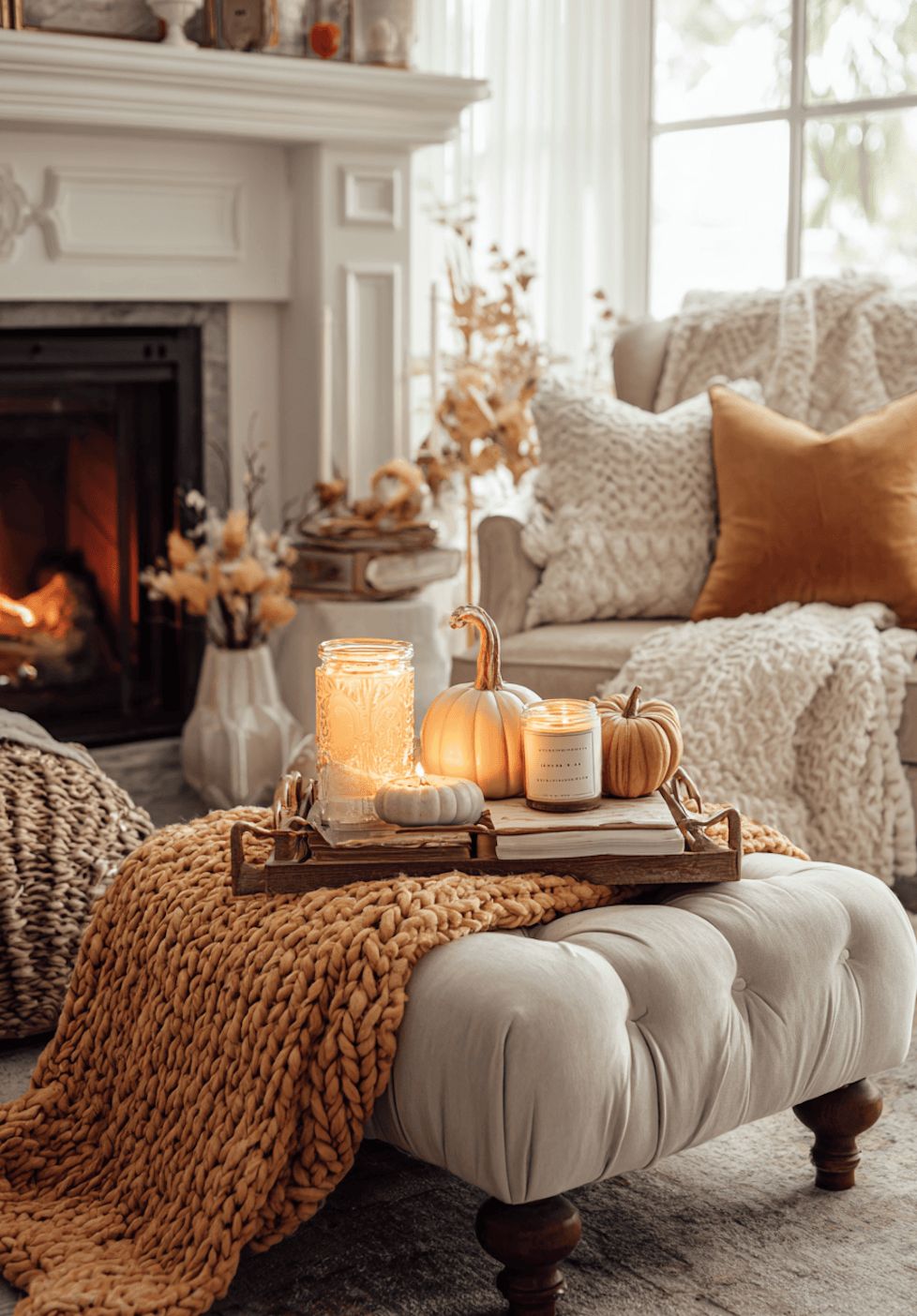 Hygge Vignette with Chunky Knit Blanket and Candles — Hygge Home Decor