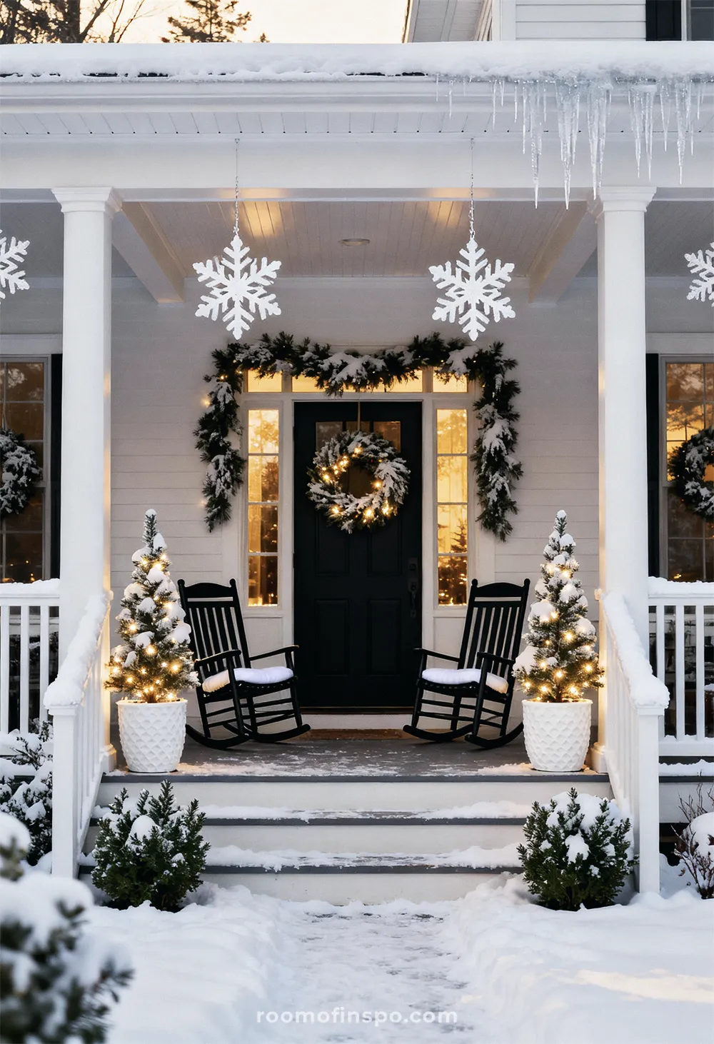 Farmhouse Winter Wonderland with Snowy Garland and Icicles — Winter Front Door Decor