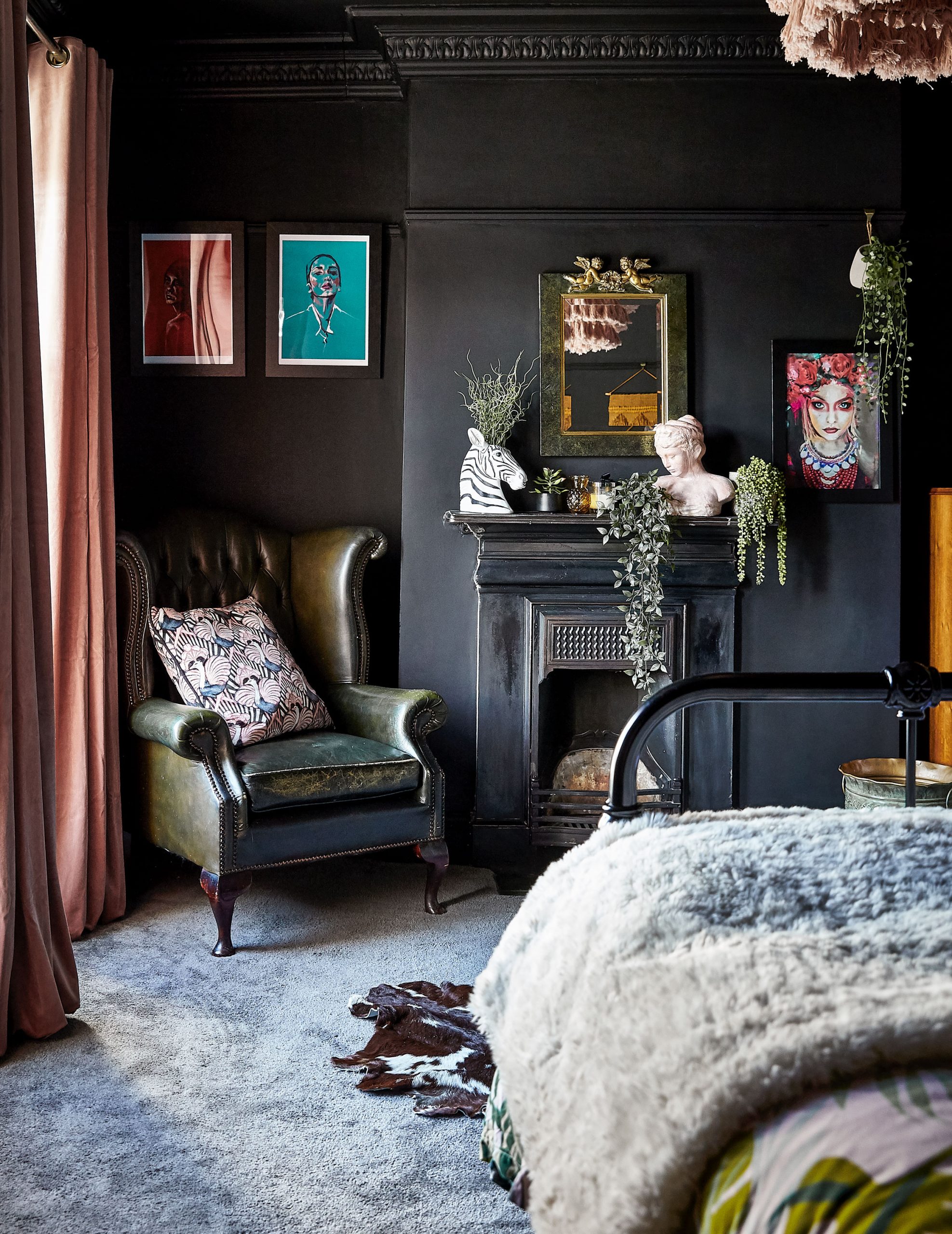 Moody Bedroom with Dark Walls and Leather Armchair — Winter Home Decor
