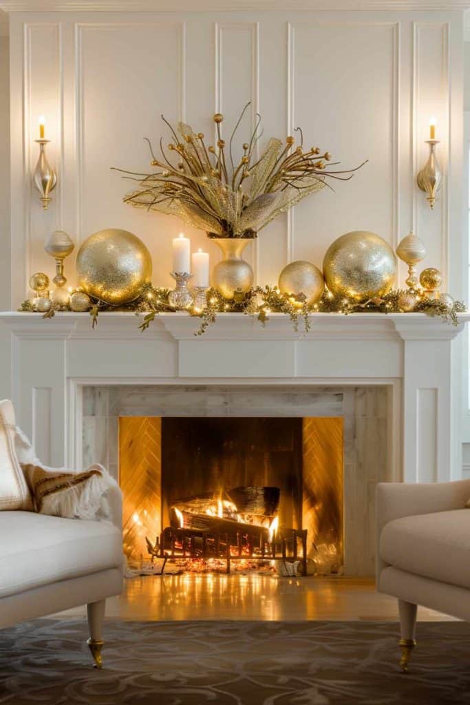 Elegant White Marble Mantel with Gold Ornaments and String Lights — Winter Mantel Decor