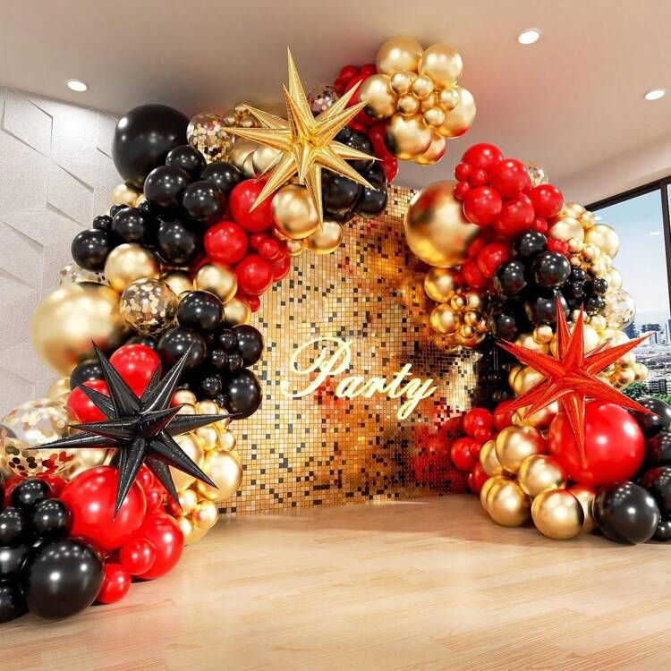 Glamorous Red, Black, and Gold Balloon Arch with Starbursts — New Years Eve Balloon Garland