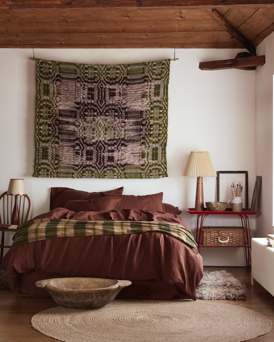 Rustic Hygge Bedroom with Woven Wall Art and Rich Textiles — Hygge Home Decor