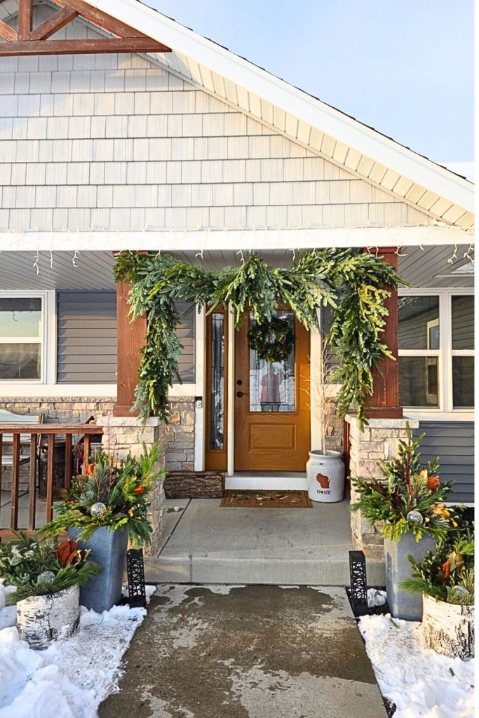 Modern Farmhouse Entry with Lush Greenery Planters Modern Farmhouse Entry with Lush Greenery Planters — Winter Porch Decor