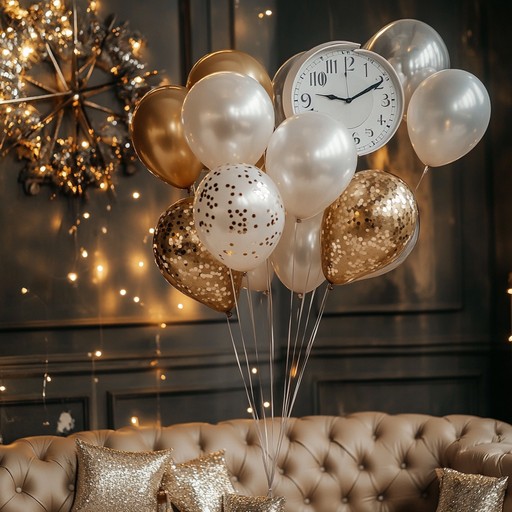 Whimsical Gold Balloons with Clock Motif for a Living Room Celebration — Gold New Years Eve Decor
