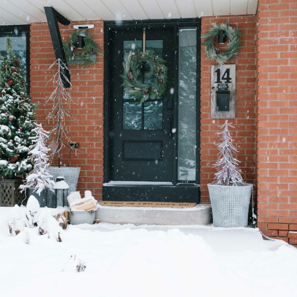 Farmhouse Porch with Snowing Snow and Frosted Decor — Winter Front Door Decor