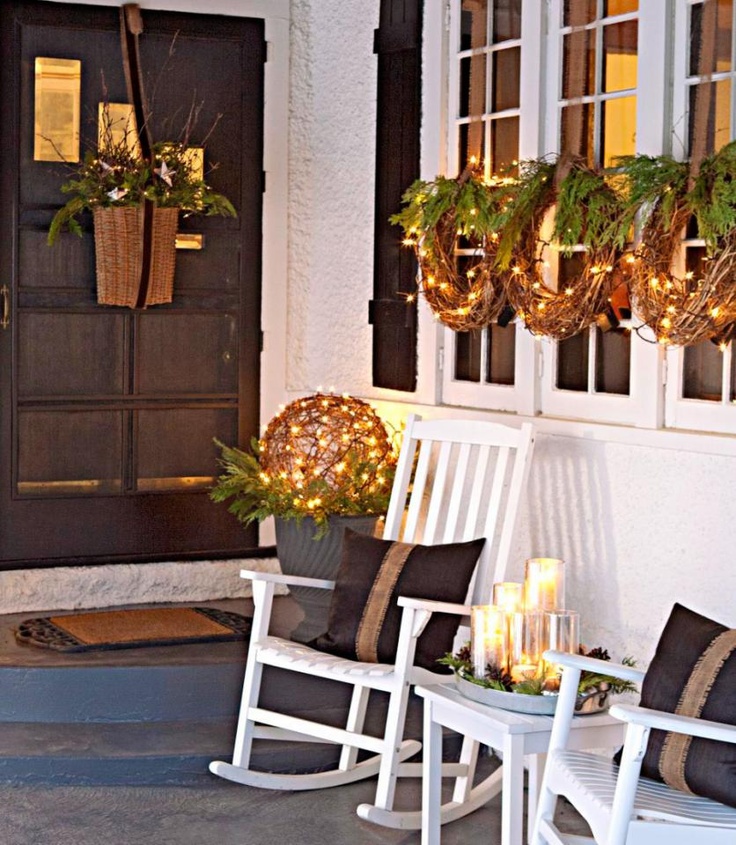 Traditional Porch Aglow with String Lights and Candles Traditional Porch Aglow with String Lights and Candles — Winter Porch Decor