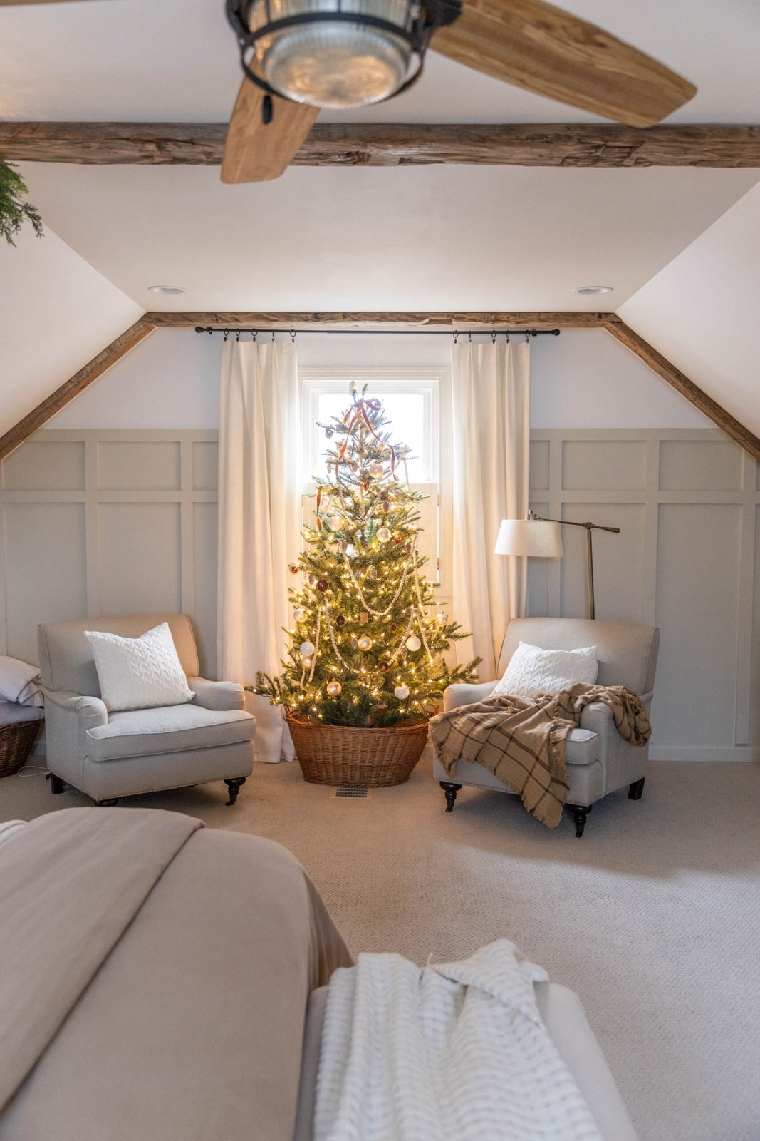 Farmhouse Bedroom with a Christmas Tree by the Window — cozy christmas bedroom 2026