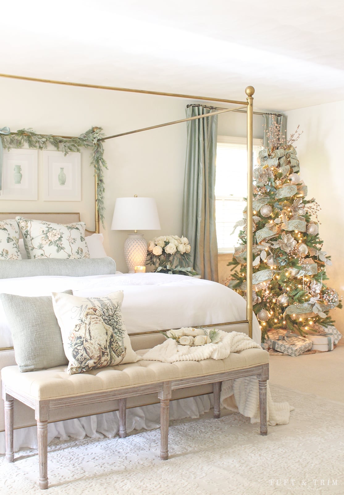 Romantic Christmas Bedroom with a Gold Four-Poster Bed — cozy christmas bedroom 2026