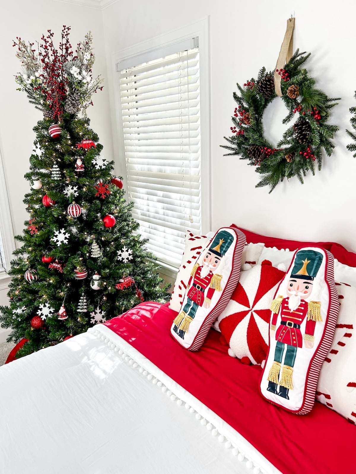 Festive Traditional Christmas Bedroom with Nutcracker Pillows — cozy christmas bedroom 2026