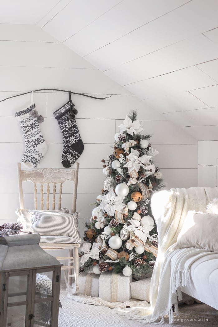 Farmhouse Bedroom with Shiplap Walls and Stockings, Natural Daylight — cozy christmas bedroom 2026
