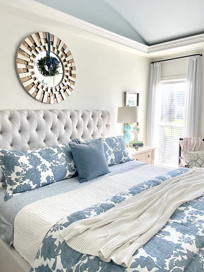 Traditional Bedroom with Tufted Headboard and Patterned, Close-Up Take — cozy christmas bedroom 2026