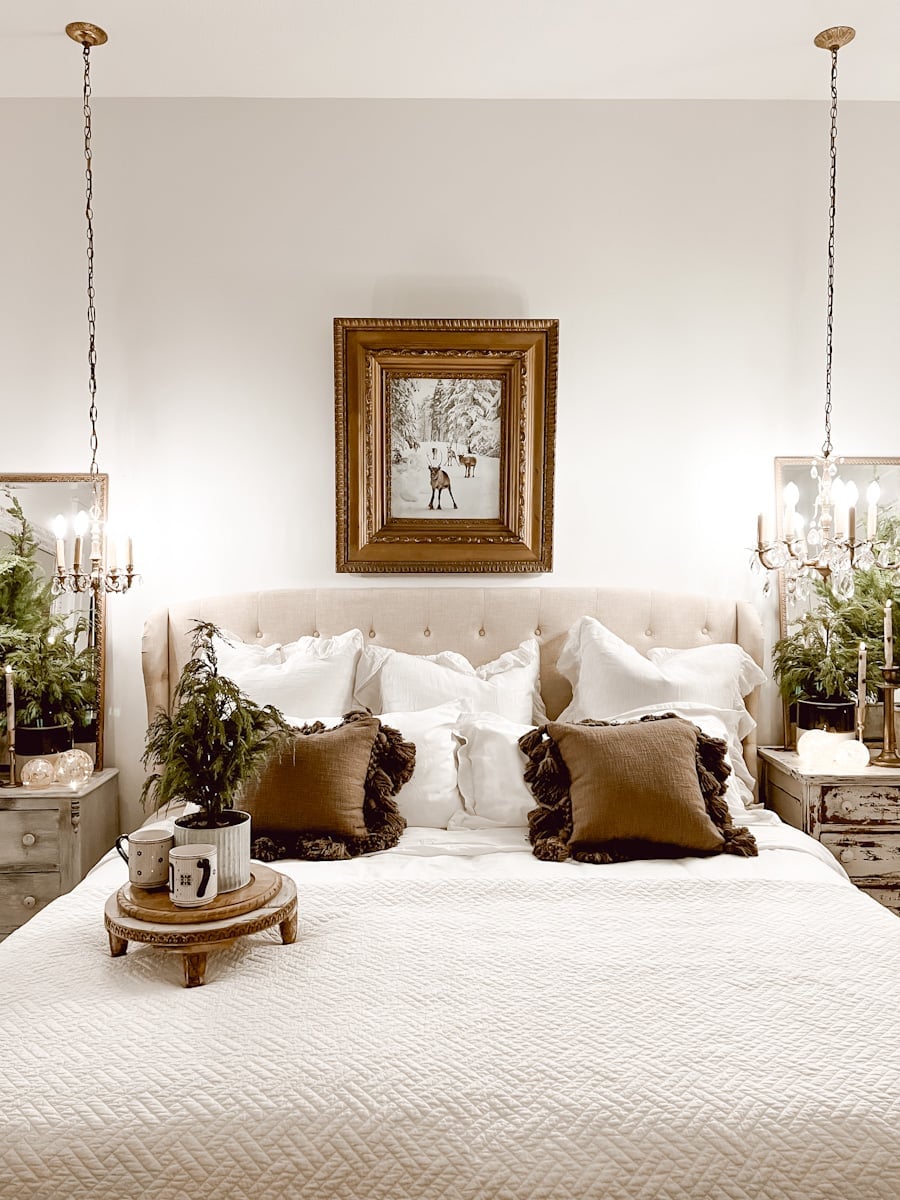 Symmetrical Farmhouse Bedroom with Quilted Bedspread, Close-Up Take — cozy christmas bedroom 2026