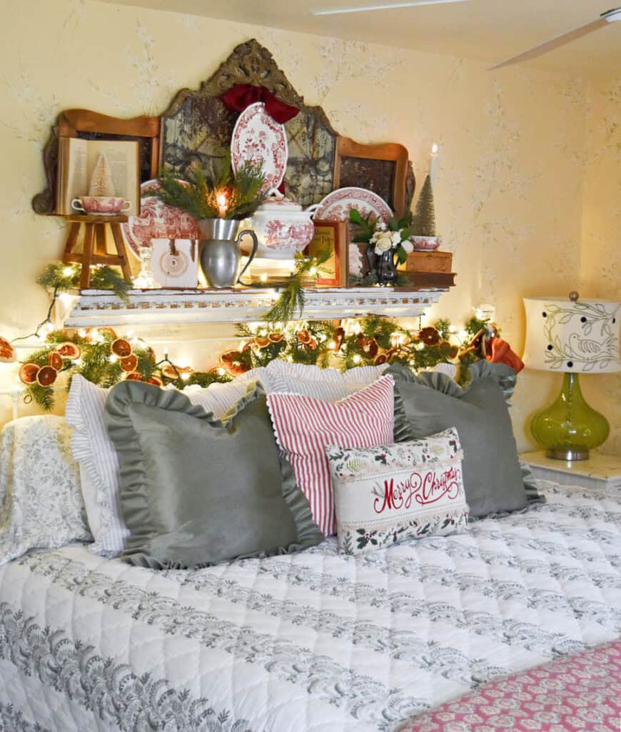 Vintage Christmas Bedroom with Ornate Shelf Display, Sage Green — cozy christmas bedroom 2026