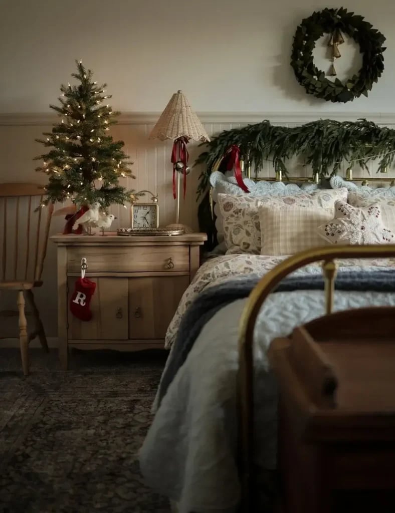 Farmhouse Bedroom with Mini Christmas Tree and Greenery, Close-Up Take — cozy christmas bedroom 2026