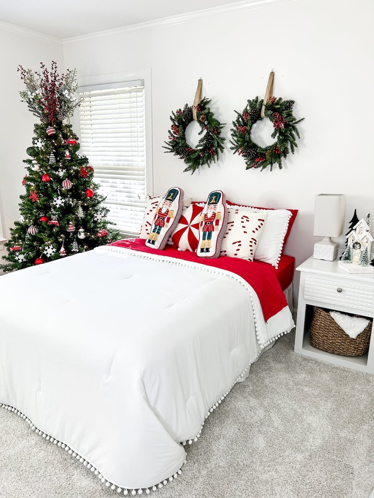 Modern Farmhouse Bedroom with Plaid Accents and Garland, Close-Up Take — cozy christmas bedroom 2026