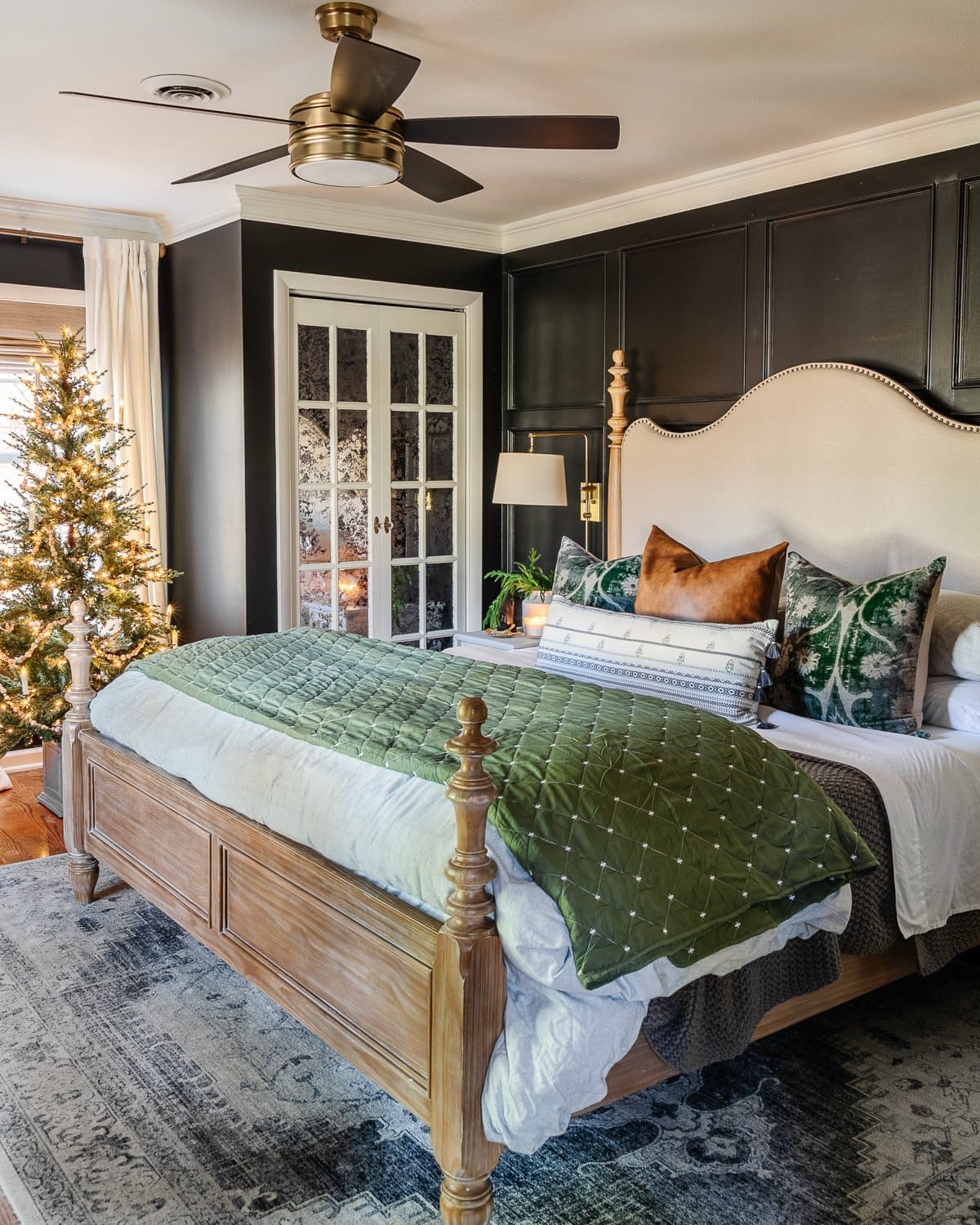 Modern Farmhouse Bedroom with Green Quilted Bedding — cozy christmas bedroom 2026