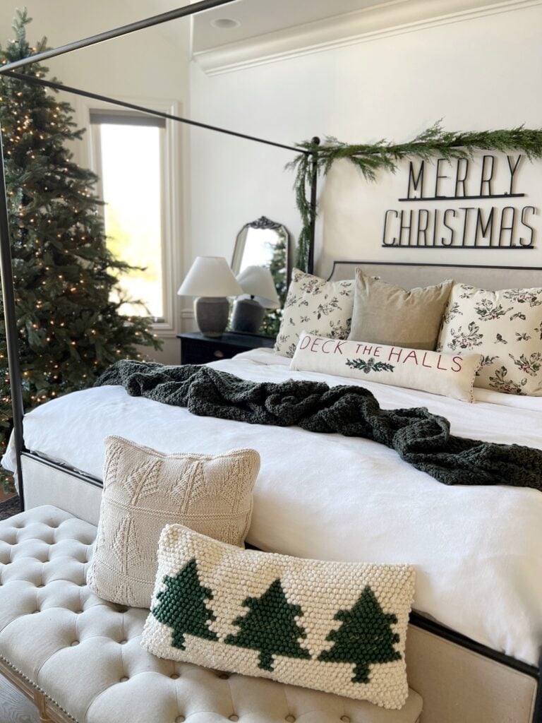 Neutral Christmas Bedroom with a Lighted Four-Poster Bed — cozy christmas bedroom 2026